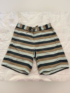Patagonia Wavefarer Board Shorts Mens 33 Blue Tan Striped Surf Skater Vacation